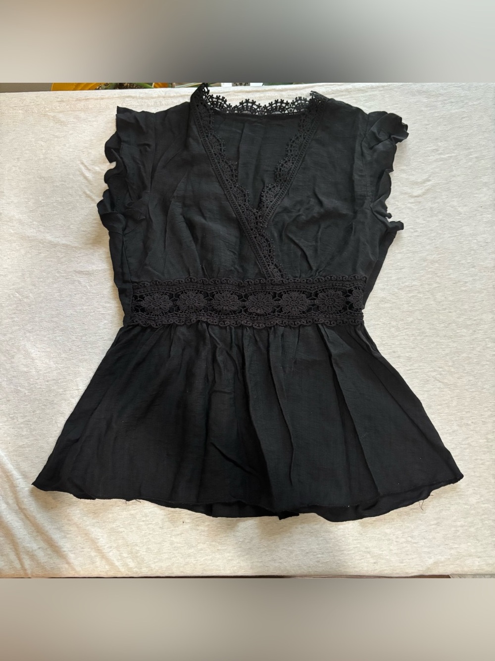 SHEIN Black Lace V-Neck Peplum Blouse Top Ruffle Sleeve Size L